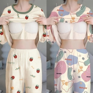 纯棉睡衣少女生2025新款春秋季带胸垫长袖可爱圆领套头秋冬家居服