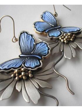 气质优雅蓝色蝴蝶个性耳饰创意新款饰品不对称昆虫翅膀耳环女