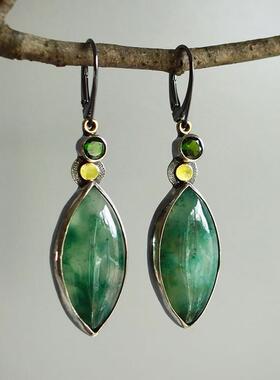 欧美复古树叶形状绿色玉髓耳坠气质国风小众耳饰女