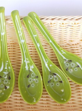 绿色勺 饭店吃饭勺 密胺绿勺带钩树脂勺子密胺餐具塑料调羹仿瓷勺