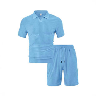 短裤 欧美跨境男装 休闲运动套装 透气大直条毛巾提花布圆领男式 夏季