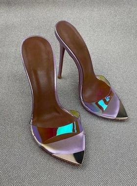 时装凉鞋欧美金属尖头细跟紫色幻彩外贸女鞋high heels高跟鞋