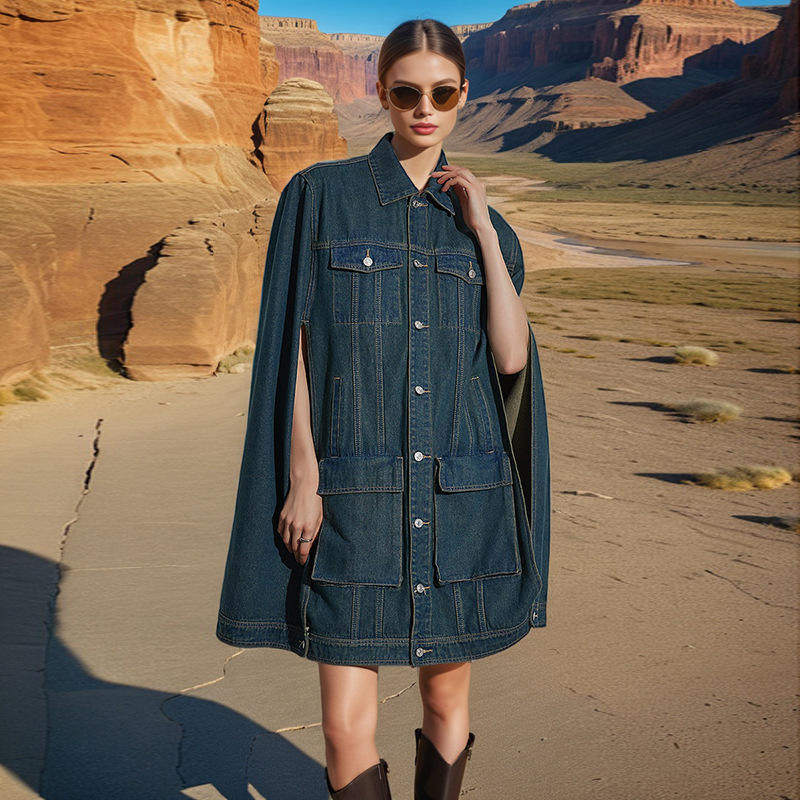 个性潮流风牛仔女2026春季翻领斗篷式拼接设计款外套短外套宽松型