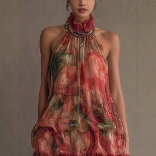 新款 2026欧美真丝吊带裙浪漫花朵印花连衣裙春夏度假风优雅长