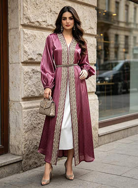 新款欧美晚宴风复古长袍2026夏季烫金灯笼袖开衫礼服连衣裙套装女