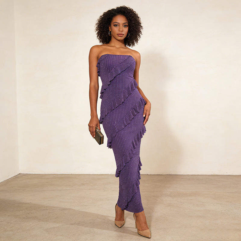 新款气质优雅风抹胸木耳边拼接跨境长裙2026夏季烫钻包臀连衣裙女