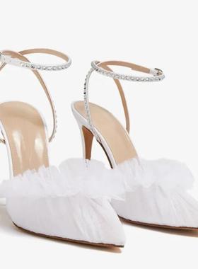 欧美高跟凉鞋尖头白色网纱荷叶边细跟女婚宴鞋bridal shoes