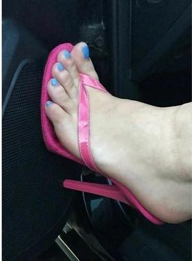 时装凉鞋 圆头夹趾细跟糖果色外贸高跟鞋女sandals heels仿皮