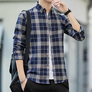 新款 春秋季经典格子衬衫男休闲男款百搭开衫韩版长袖衬衣男装