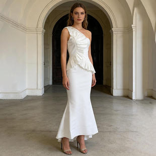 2026设计感不规则斜肩宴会礼服裙欧美名媛轻奢风纯欲连衣裙女 新款