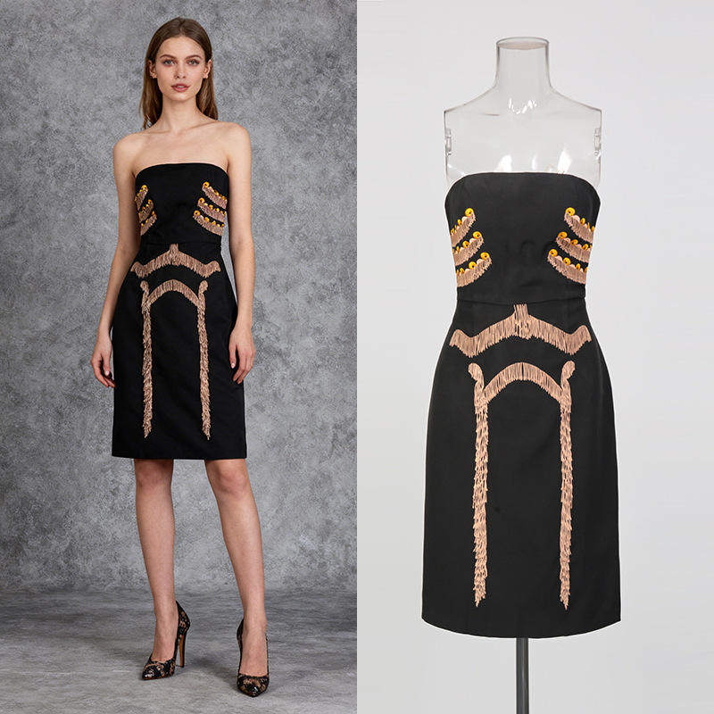 新款欧美气质亮片流苏拼接短裙2026无袖设计抹胸包臀修身连衣裙女