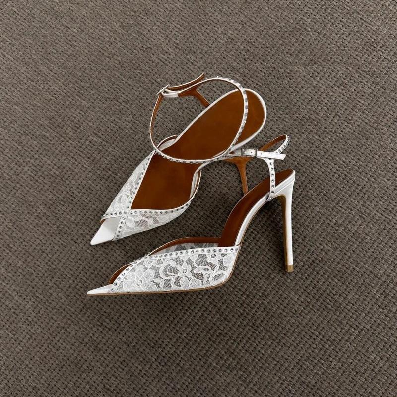 欧美高跟凉鞋尖头蕾丝细跟水钻女婚宴鞋bridal shoes women
