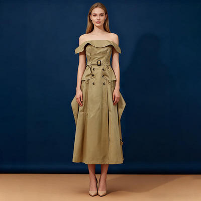 新款复古摩登抹胸小众腰带收腰拼接风衣式长裙2025冬季连衣裙棉涤