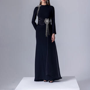 法式 连衣裙女中腰单件 复古礼服藏蓝缎面飘带流苏镶钻长裙2025冬季