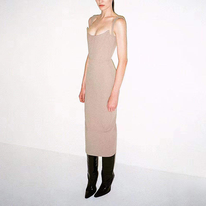 20263欧美跨境外贸吊带裙修身高腰显瘦针织鱼骨性感气质优雅连衣