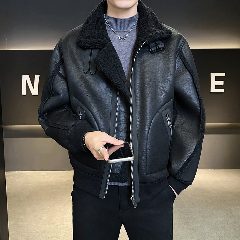 皮毛一体外滩男装2025新款休闲时尚加绒皮衣夹克男B320-3511-P225，男装夹克，电商B320