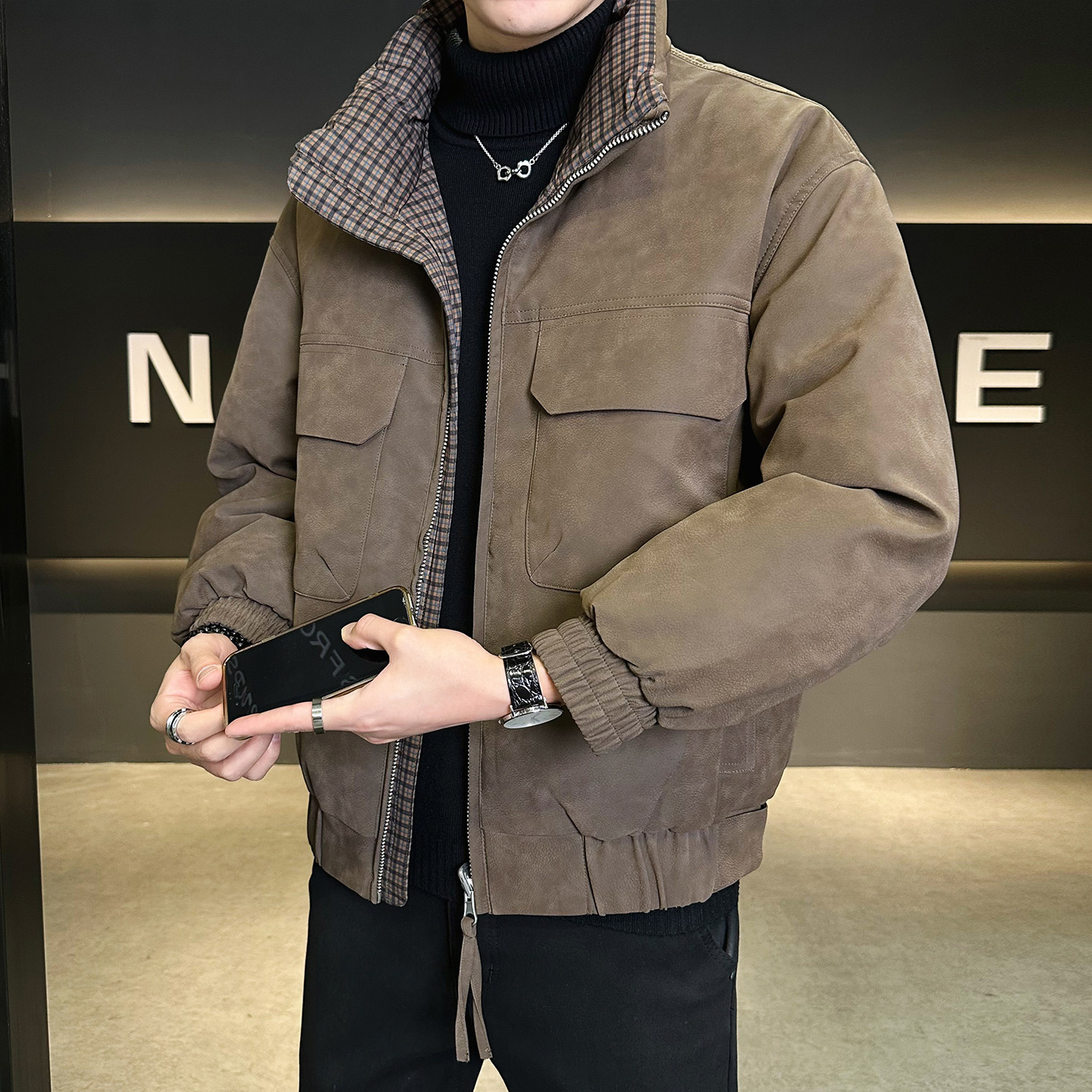 鹅绒标90绒皮羽绒服男士双面穿外套B320-5572-P365有成衣报告,男装羽绒服,电商B320