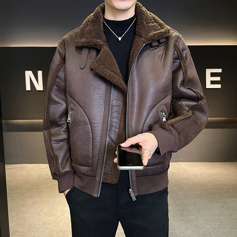 皮毛一体外滩男装2025新款休闲时尚加绒皮衣夹克男B320-3511-P225,男装夹克,电商B320