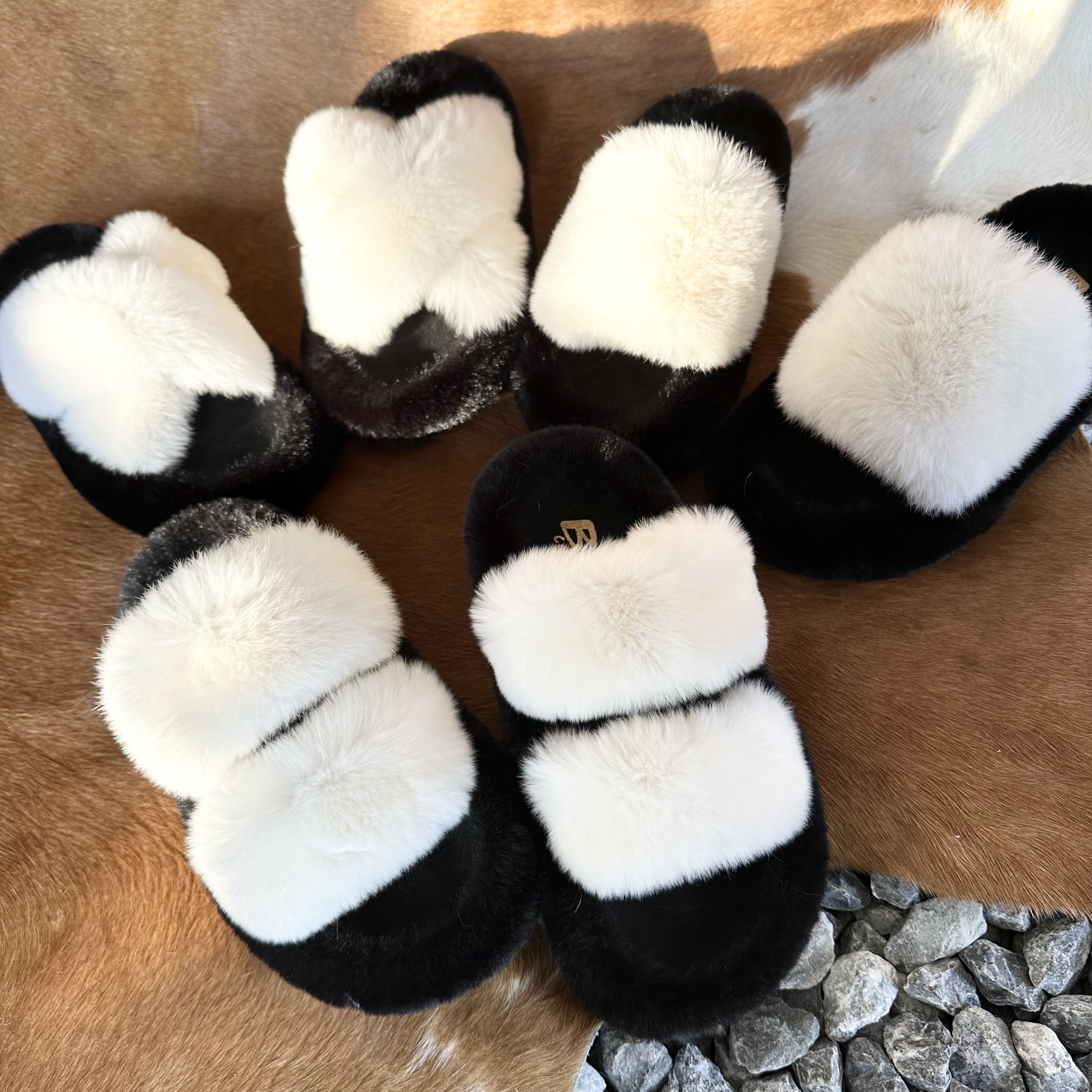 Biincollection100%真獭兔毛秋冬防滑增高百搭保暖厚底毛熊猫拖鞋