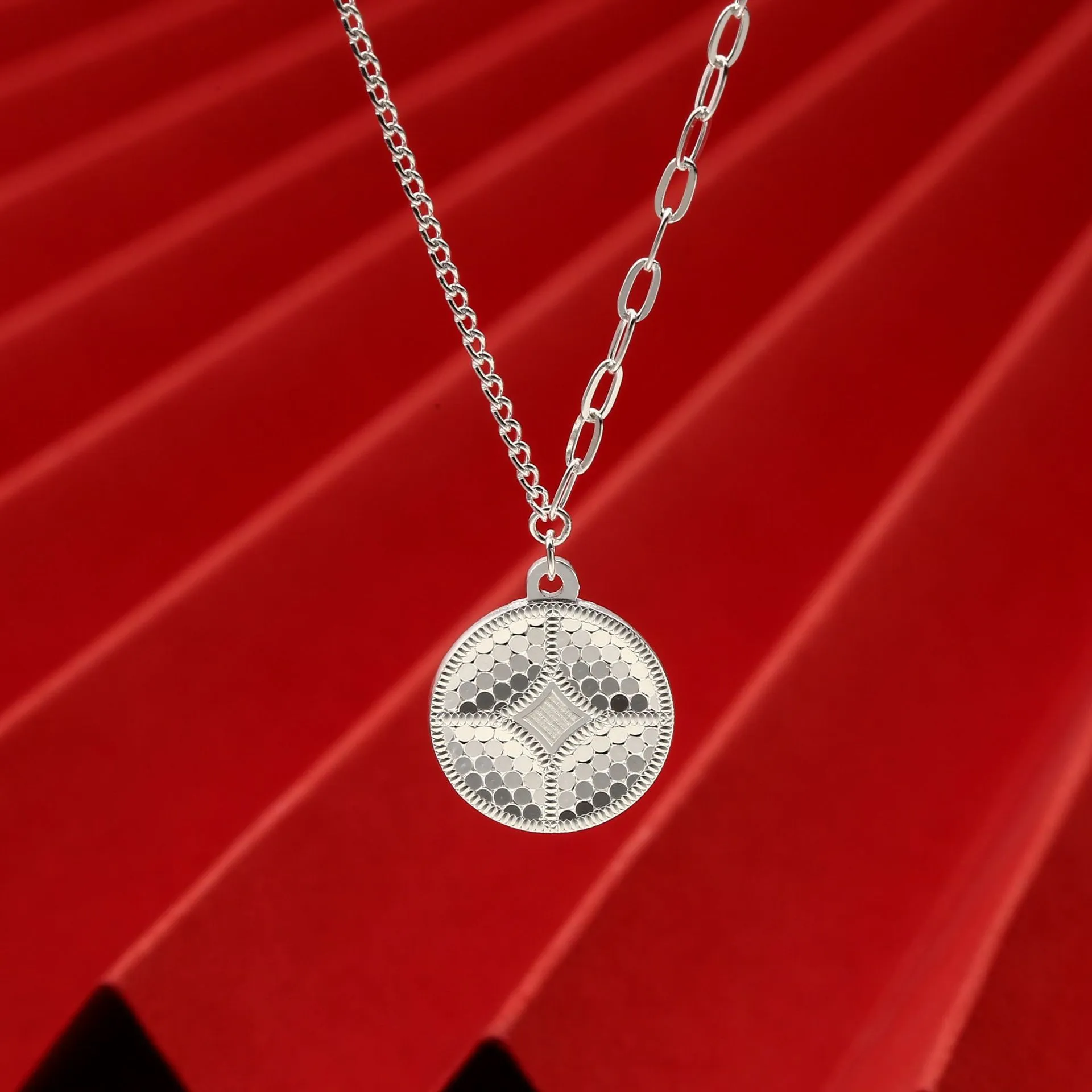 7800号 足银999.9碎冰冰钱币金钱项链女龙鳞项链国风吊坠项链爆款