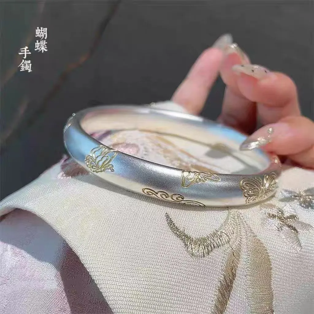 足银999.9电24K描金蝴蝶手镯重工复古闭口新中式镯子送女礼物