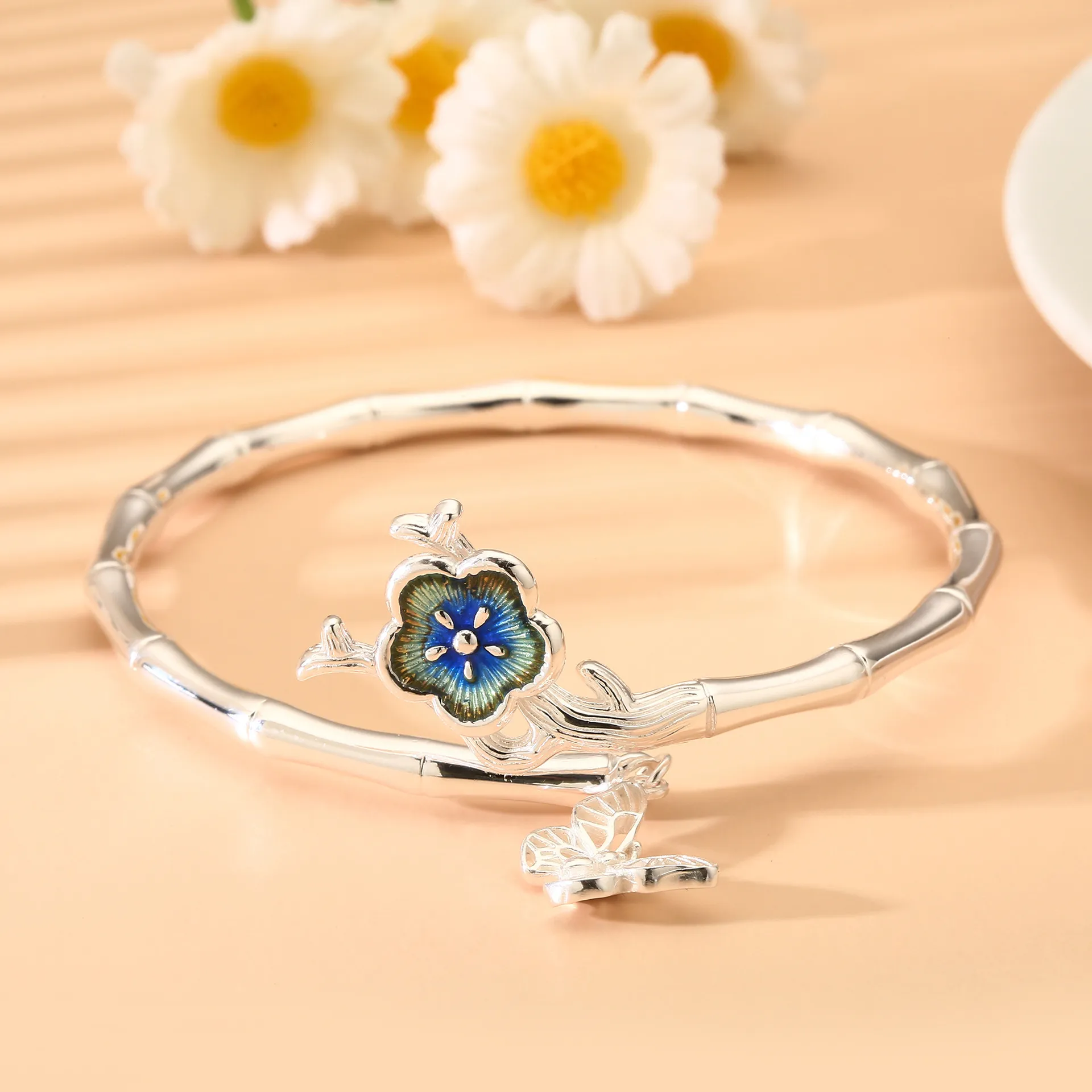 8392足银999.9珐琅梅花蝴蝶手镯气质时尚百搭女实心镯子直播爆款
