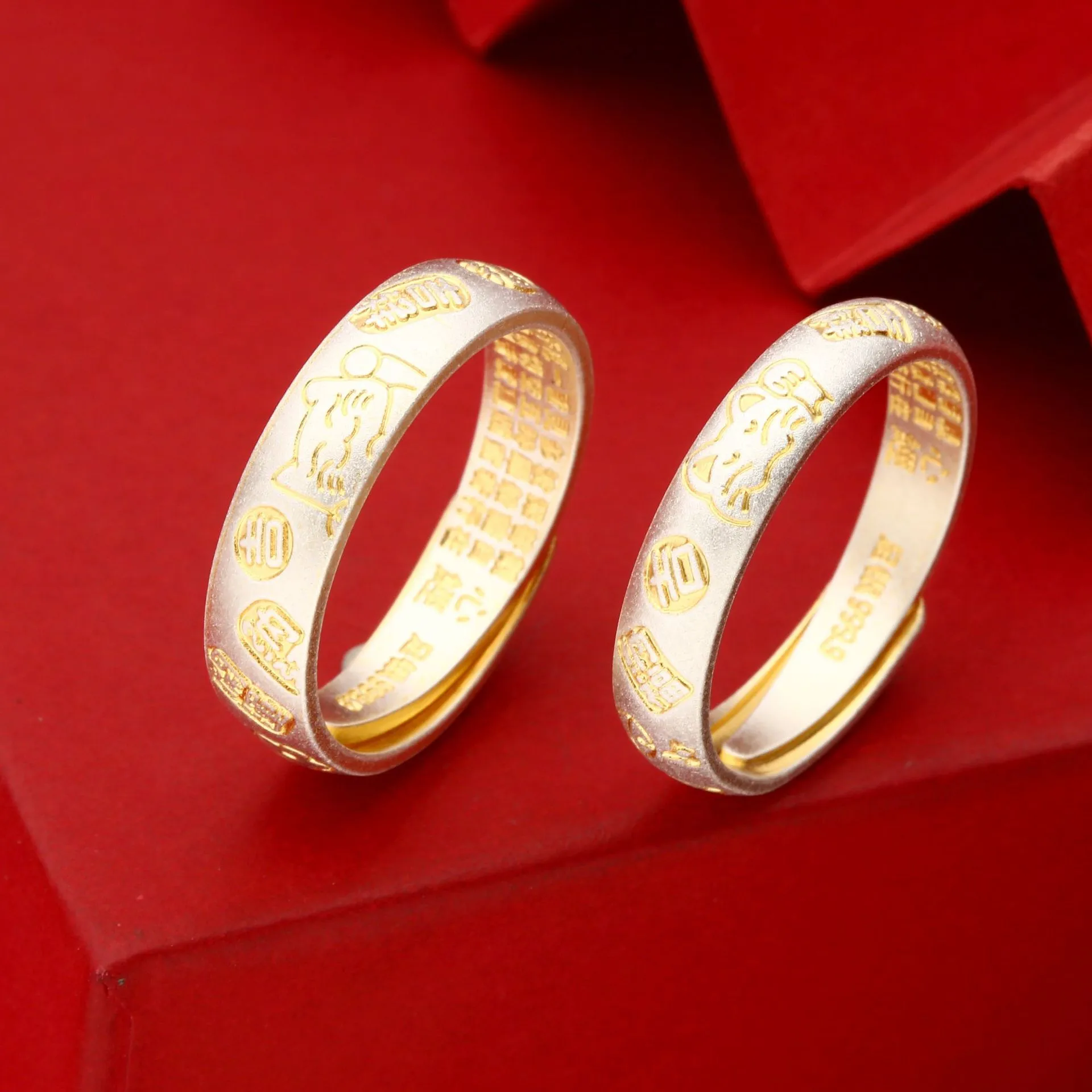 足银999.9手工雕刻描金招财猫戒指古法可调节实心开口直播爆款