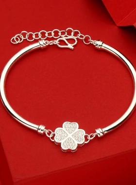 8122号足银999小众设计弯管镶钻四叶草手镯ins手链直播爆款