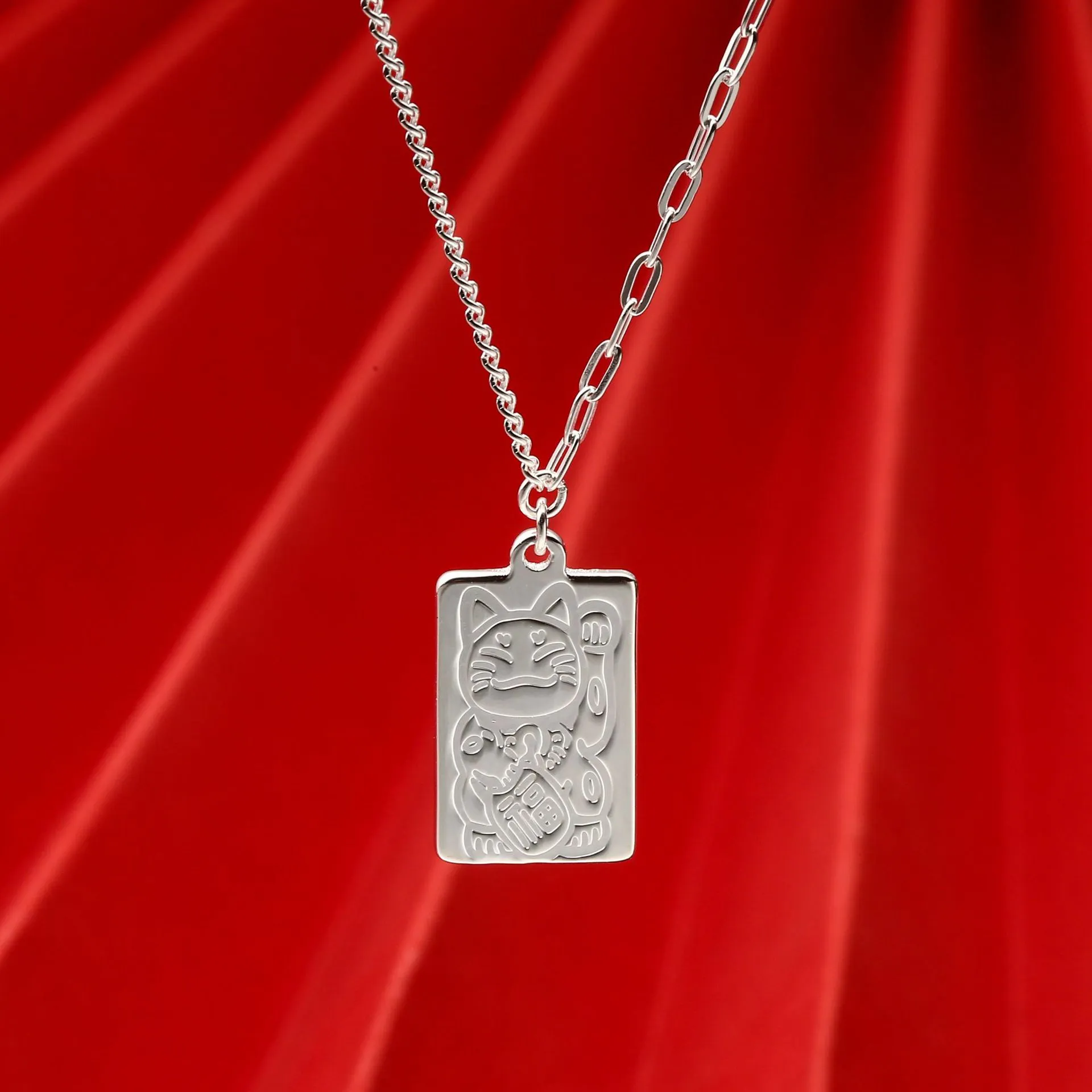 7810号 足银999.9碎冰招财猫流苏项链女龙鳞项链国风吊坠项链爆款