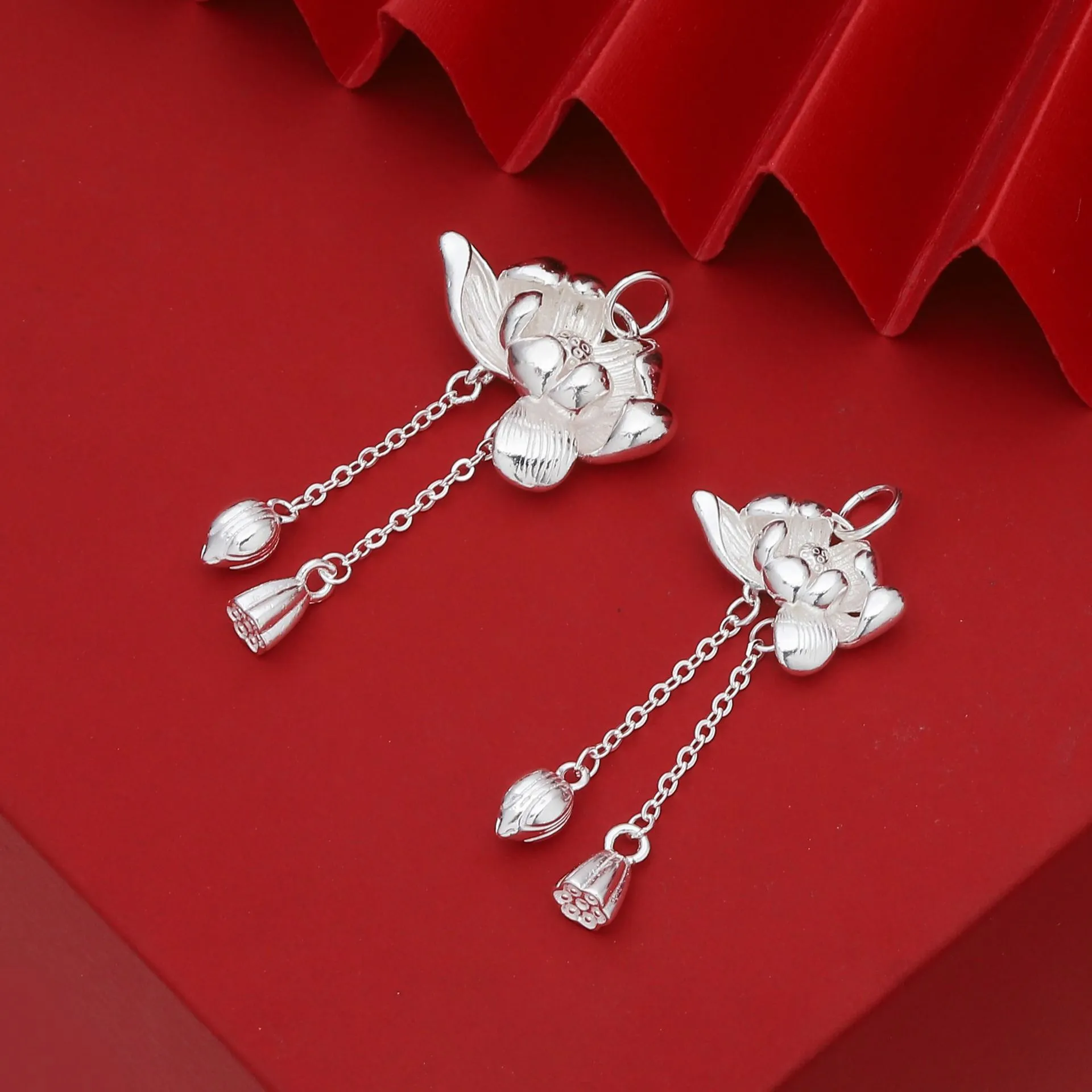 中国金铺足银990实心亮面两世欢吊坠莲花莲蓬百搭挂件项链送礼物