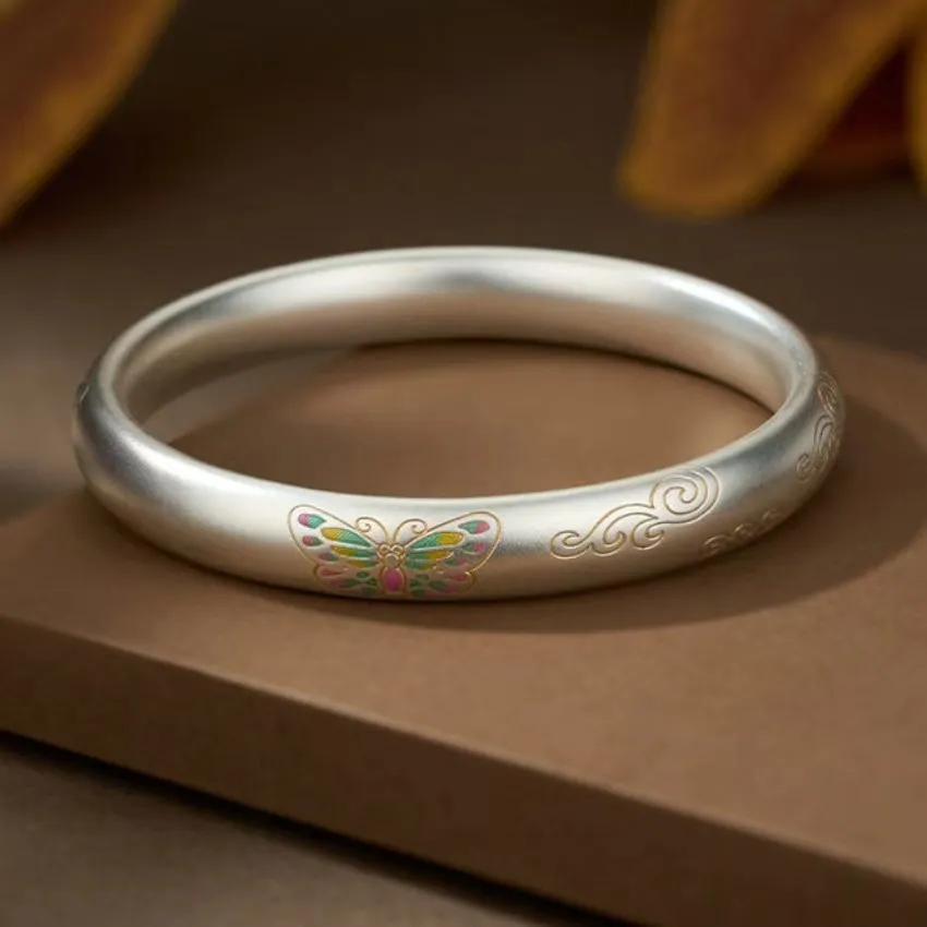足银999.9闭口珐琅彩蝴蝶纯银手镯古风国潮新中式祥云镯子送女节