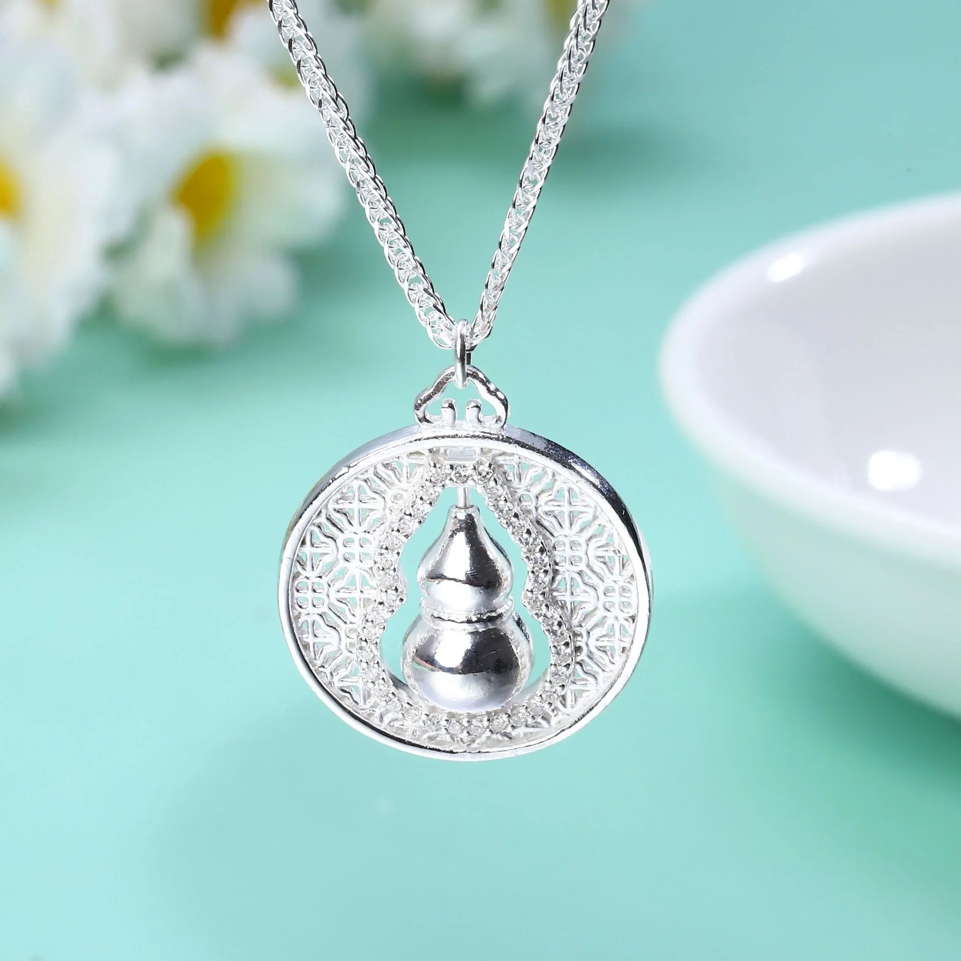 中国金铺足银990葫芦项链花丝镂空镶钻可转动纯银吊坠转运送礼物