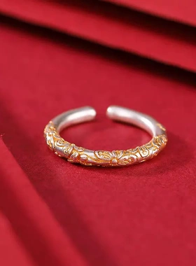 足银9999描金樱花素圈戒指女正品纯银紫荆花指环民族国风开口戒子