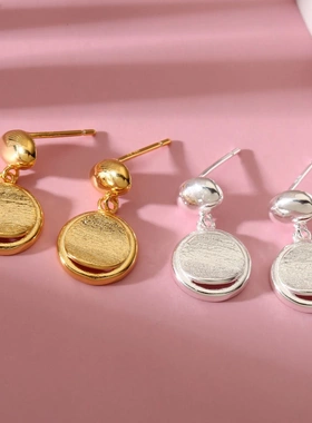 8266号足银990拉丝圆形耳钉金色银色轻奢小众简约百搭新中式耳钉