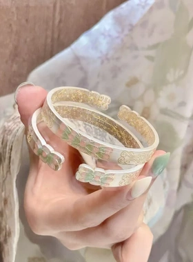 8259号珐琅彩海棠花999.9足银手镯描金珐琅彩祥云七夕礼物送女友