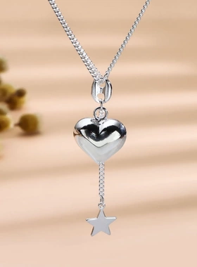 5696号足银990简约爱心星星流苏项链女光面英文字牌小清新气质锁