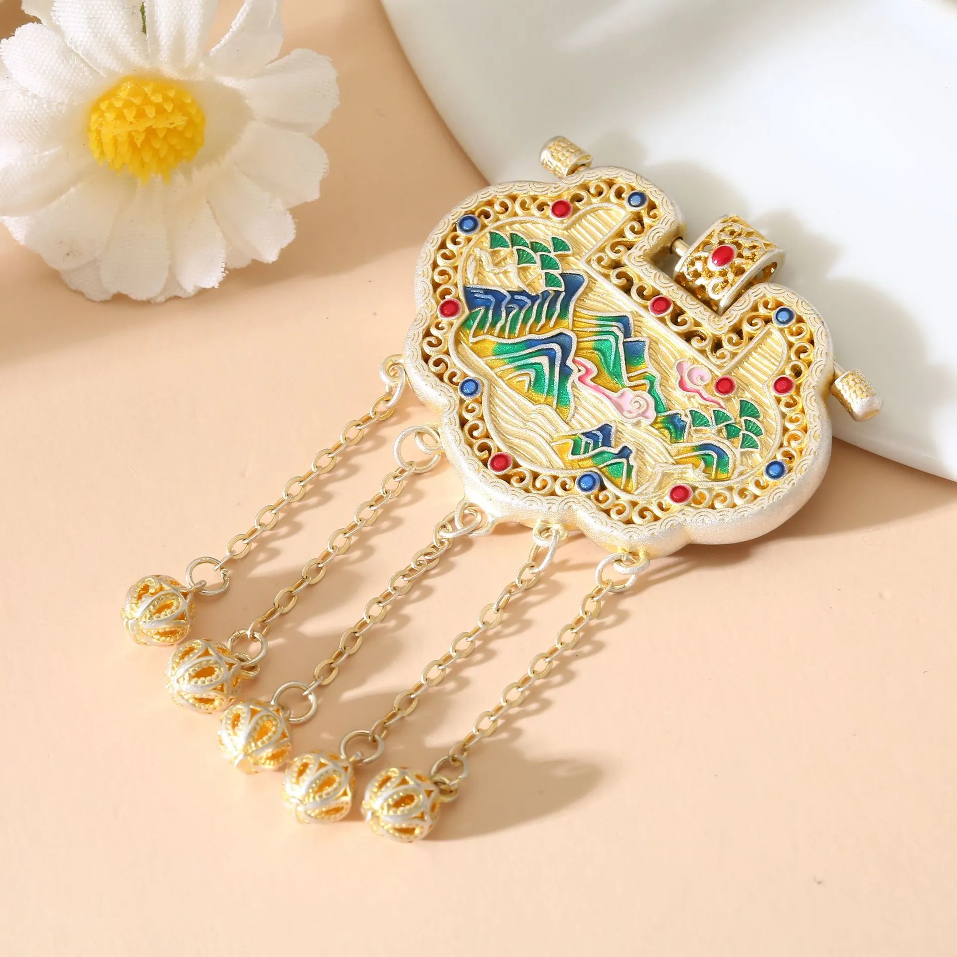 中国金铺9999足银描金珐琅彩吊坠天子门生银锁如意长命锁纯银项链