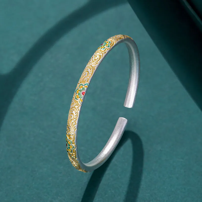 6652号足银999.9直条珐琅描金唐草纹宝相花描金手镯高级感送女友