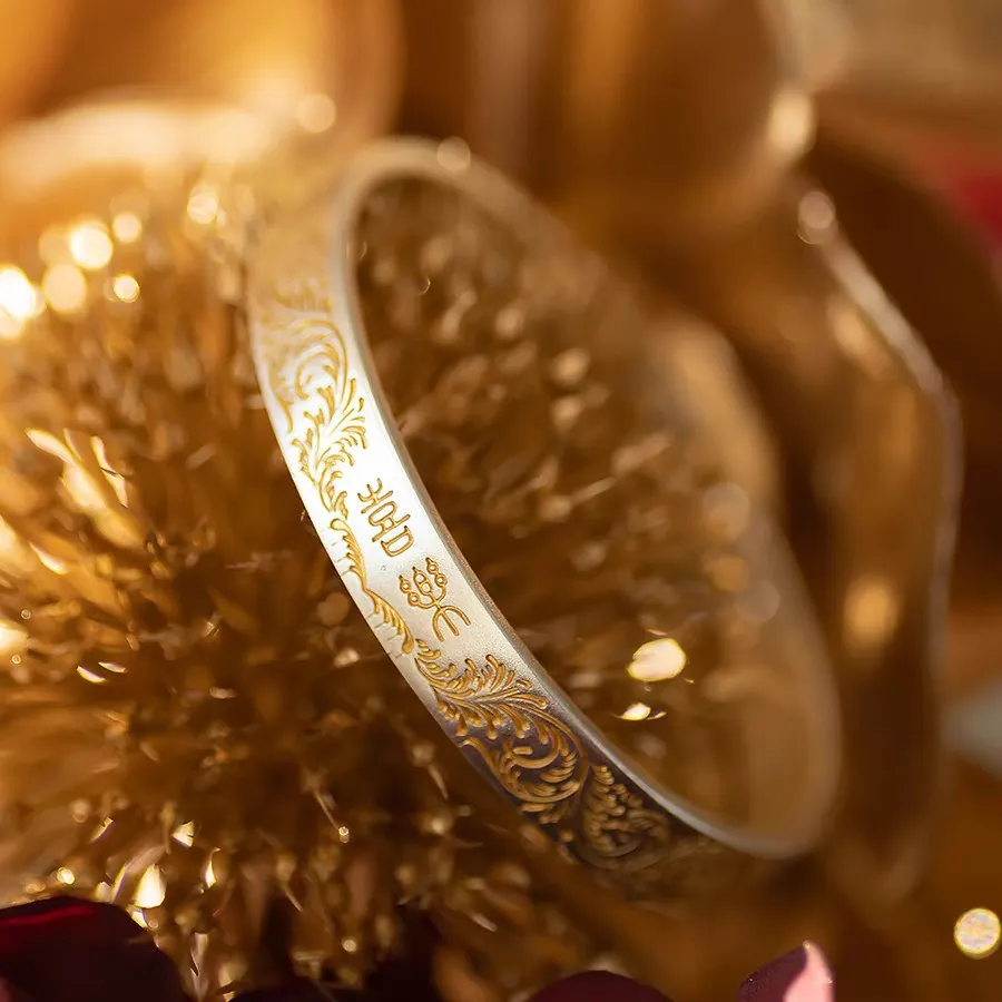 中国金铺9999足银古法描金平安喜乐心经手镯设计纯银手环女送礼物