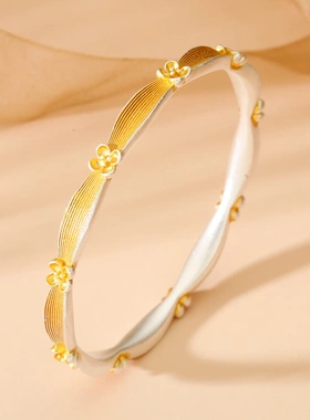 6782号 足银999.9中古金色拉丝桂花手镯复古高级感新中式绸带花