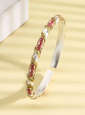 8261号足银999.9 描金珐琅司凤同款玫瑰花手镯手工錾刻牡丹花手