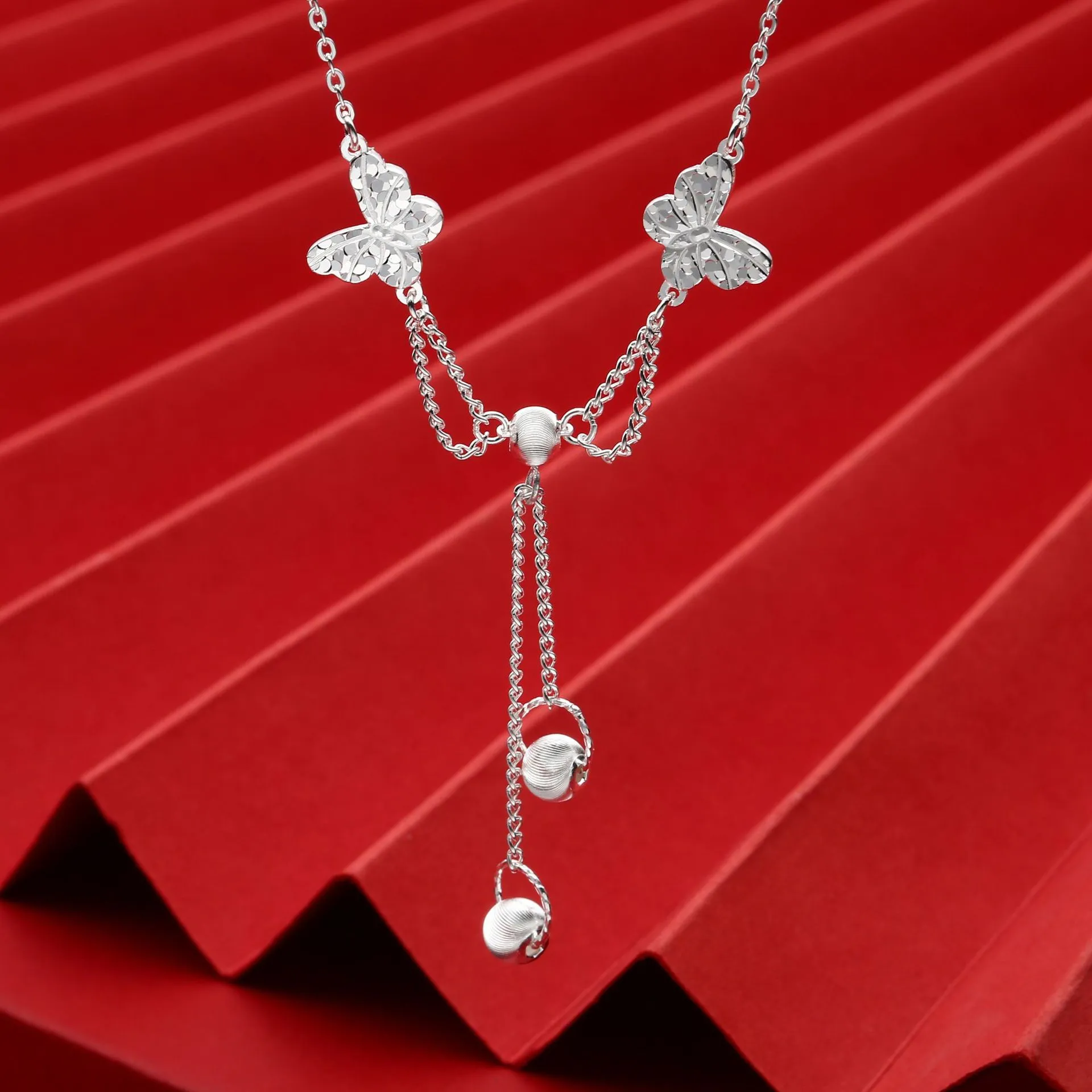 7300足银999.9碎冰冰双蝴蝶流苏猫眼项链实心吊坠项链送女友爆款