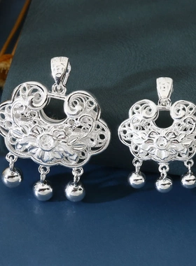 8448号足银990镂空花丝牡丹花长命锁大小号个性民族风直播爆款