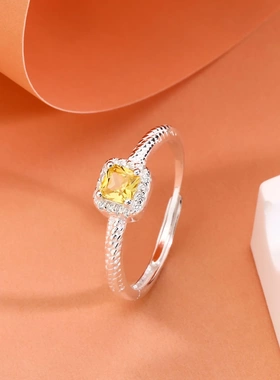 8605号足银990黄色锆石小方糖戒指纯银小众轻奢超闪麻花食指戒