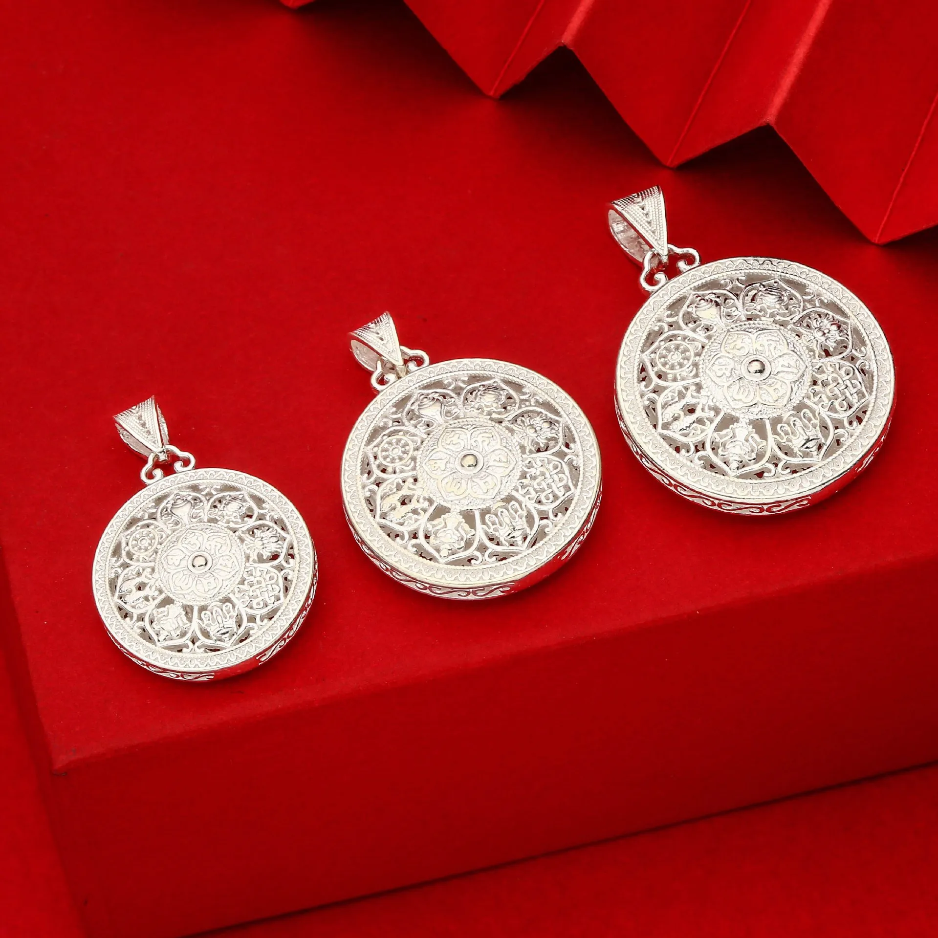 中国金铺990足银吊坠新款八宝罗盘福字项链手工掐丝纯银坠子送礼