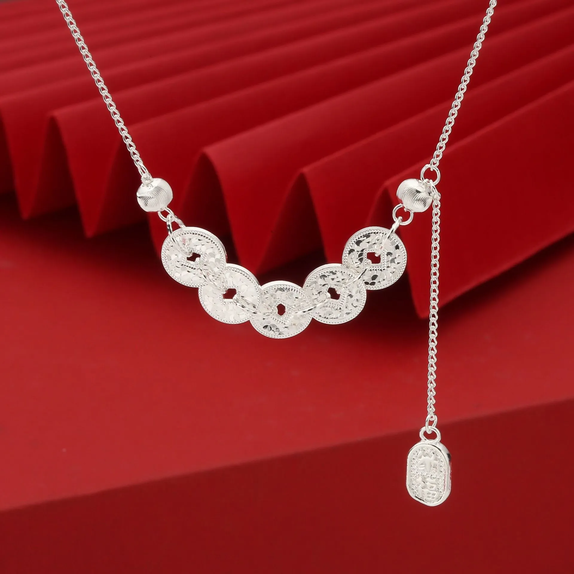 7326号足银999.9银色新中式碎冰冰五帝钱项链工厂直销直播爆款