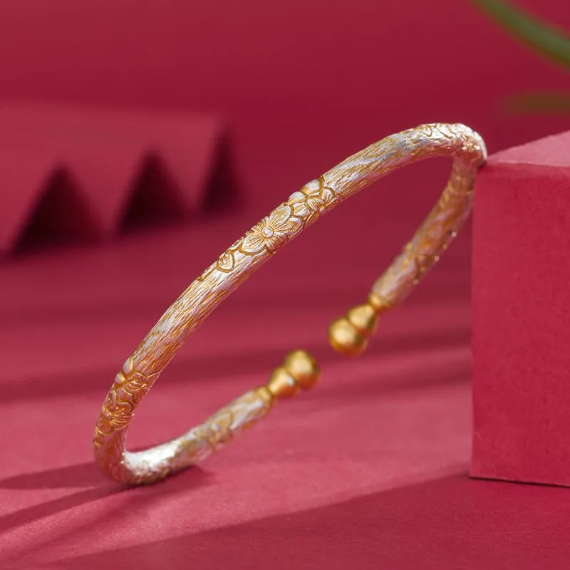 1中国金铺足银9999描金葫芦福禄浮雕梅花银手镯描金国风