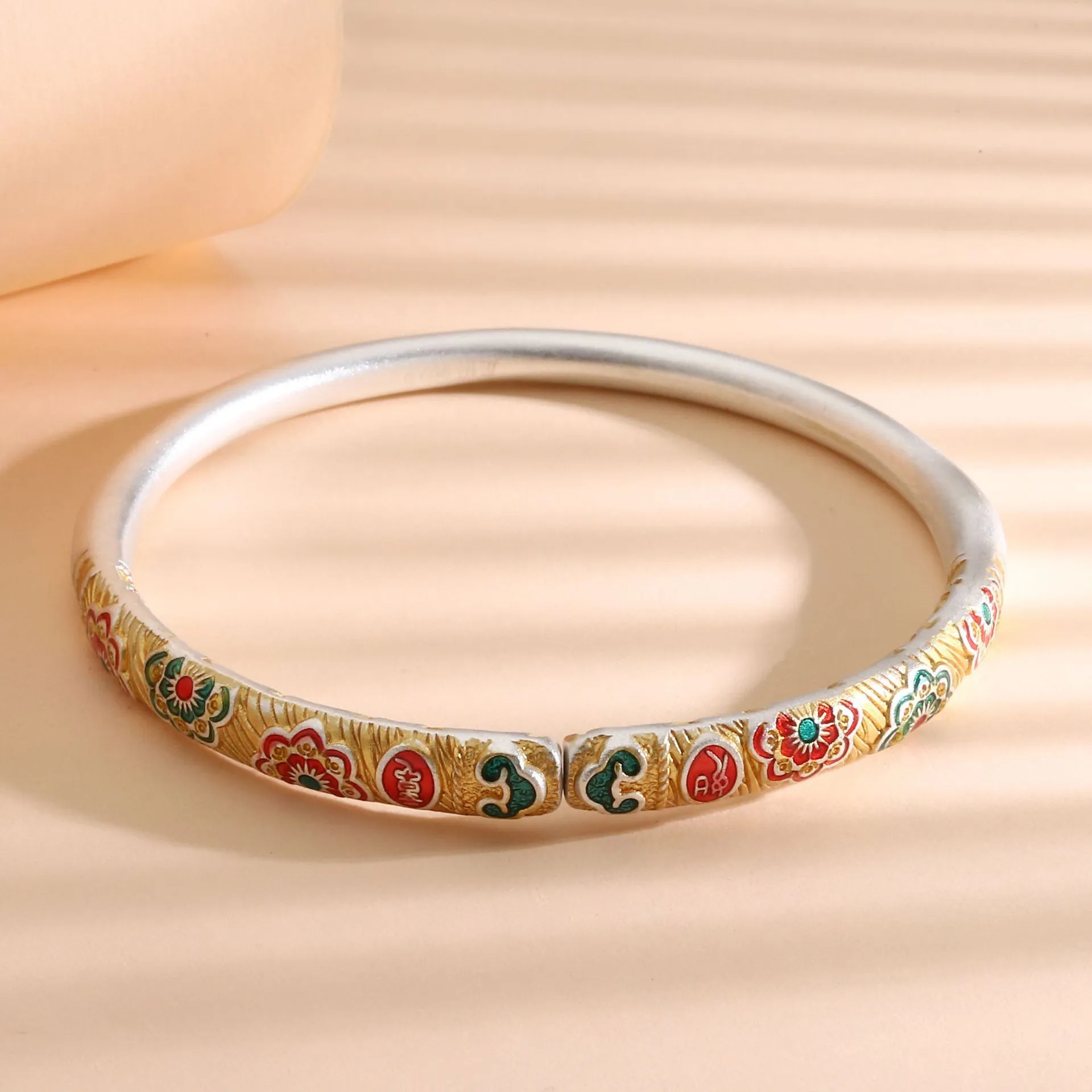 8686足银999.9描金珐琅彩宝相花手镯国潮风镯子送母亲节礼