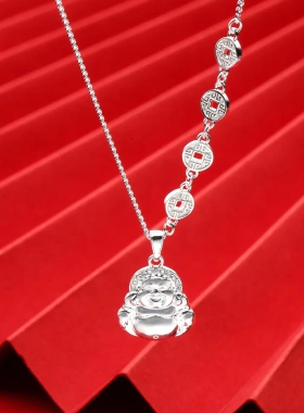7678号足银990金钱镶钻佛公项链简约新款百搭轻奢小众设计锁骨链