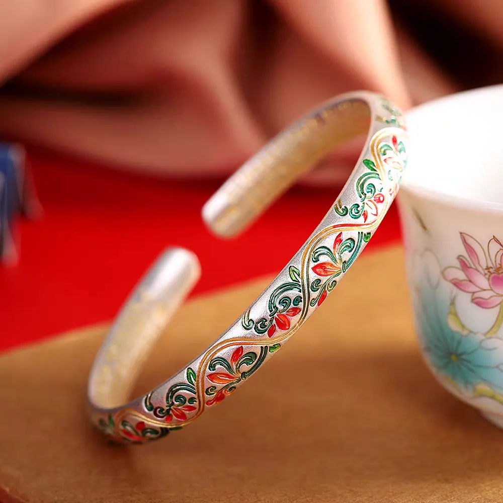 7001号足银999.9描金珐琅藤花手镯开口纯银开口银戒指国潮经典